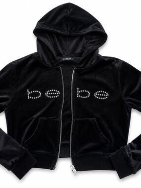 Bebe Black Velour Studded Logo Zip-Up Hoodie
